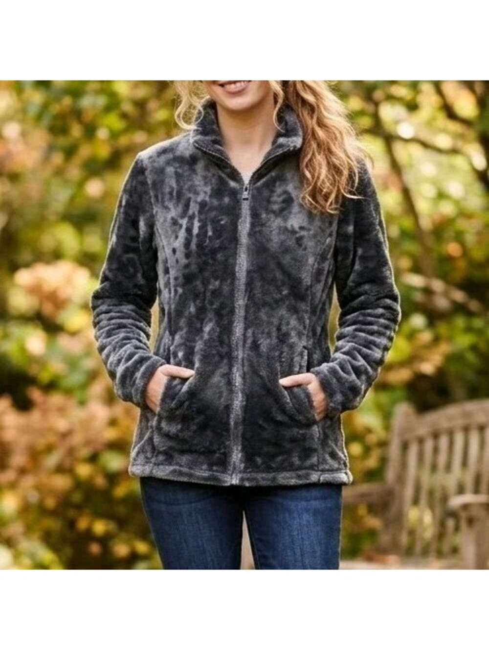 32 Degrees Heat Womens Small Plush Faux Fur Full Zip Jacket Fleece Dark Charcoal